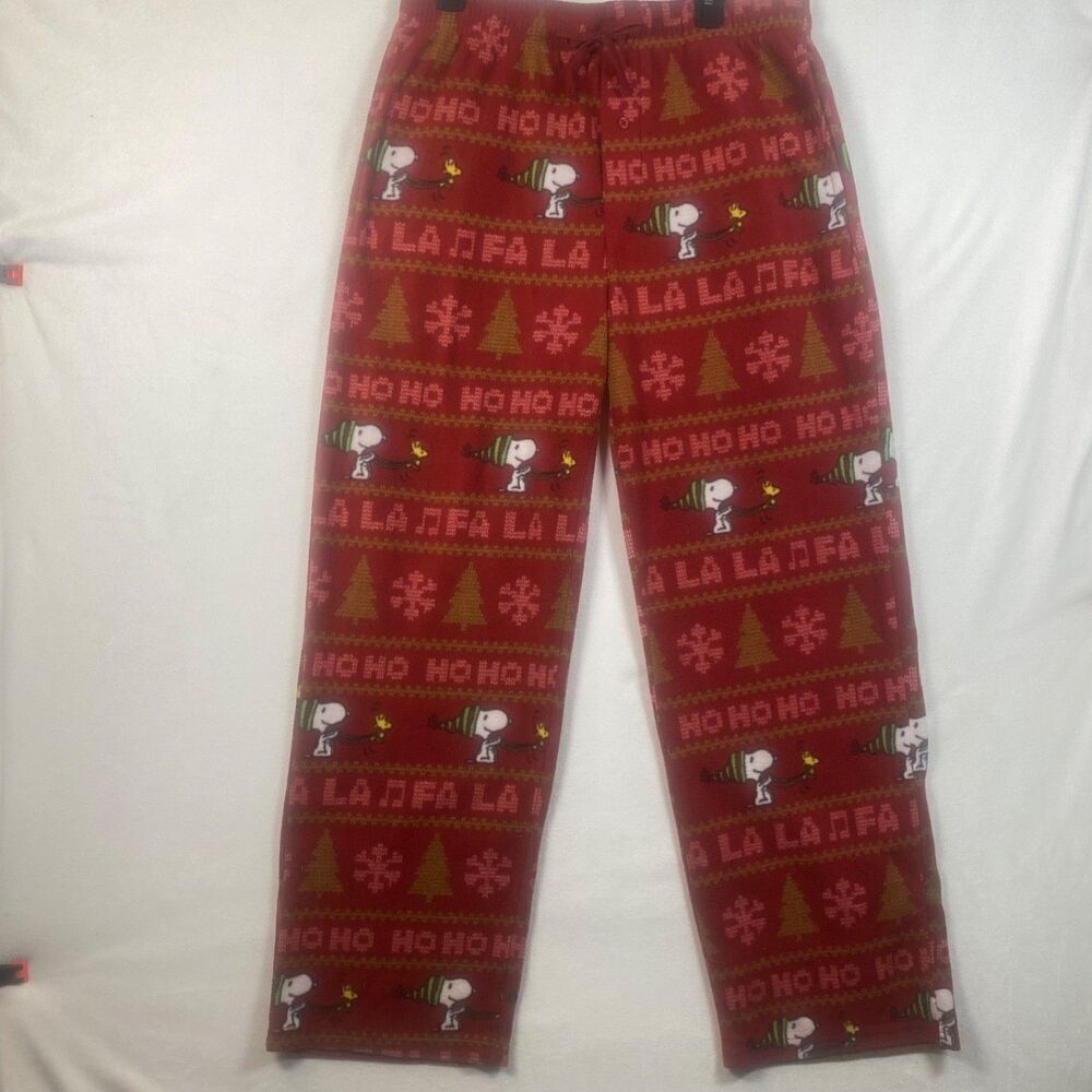Peanuts Snoopy Christmas Fleece Pajama Pants Red Holiday Print Size L Drawstring